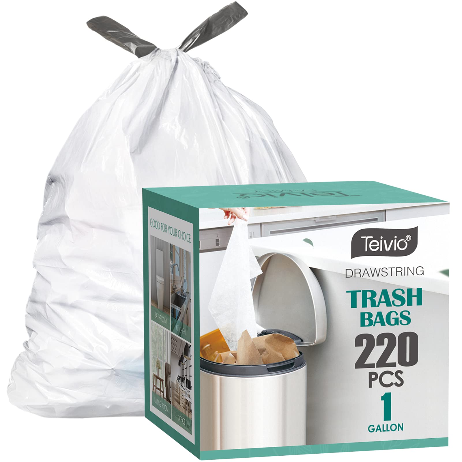 1 Gallon 220 Counts Mini Strong Drawstring Trash Bags Garbage Bags by Teivio, fit 3-4 Liter Small Trash Can,Tiny Waste Basket Liners for Home Office Bathroom Bedroom Car, White