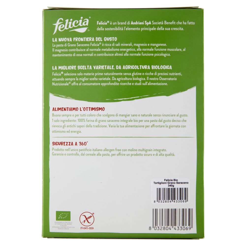 14 x Felicia Tortiglioni di Grano Saraceno Integrale,Pasta con trigo sarraceno 100% orgánico, orgánico y natural, sin gluten, paquete de 340 g + lata italiana gourmet Polpa di Pomodoro de 400 g