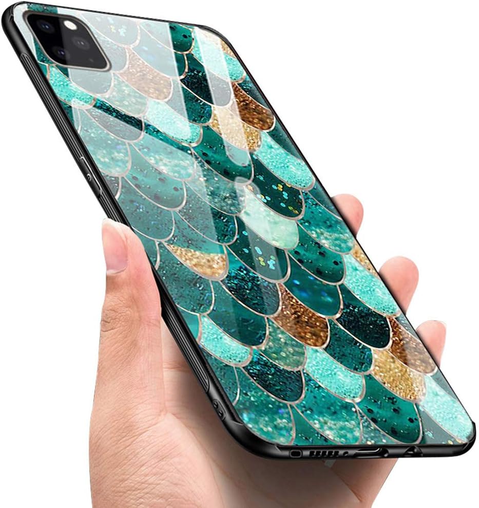 LANYOS Compatible iPhone 11 Case, Ultra-Thin Tempered Glass Pattern Painted Back Cover + Soft TPU Bumper Frame (6.1 inch 2019) (Green Scale)