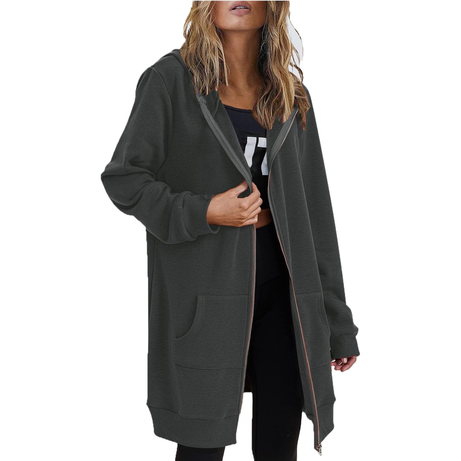 Womens Zip Up Hoodies Long Sleeve Hooded Lightweight Sweatshirt Oversized Fleece Jacket With Pockets Fall Clothes