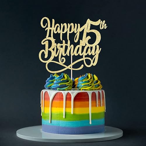 Miniatura 4 de Decoración para tartas de cumpleaños número 15 con purpurina dorada, Cheers to 15 años, decoración de pastel de feliz cumpleaños de 15 años,