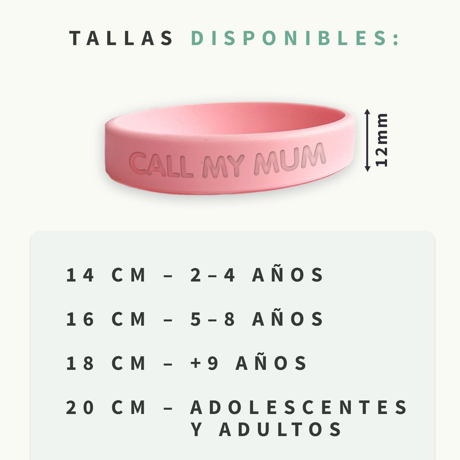 Pulsera personalizada SOS para niños de silicona Ideal para salidas y paseos. En varios tamaños y colores. Resistente al agua y duradera.