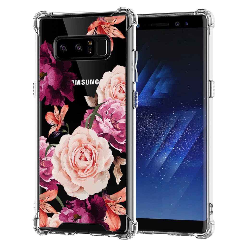 KIOMYCase for Samsung Galaxy Note 8 Shockproof Bumper Protective Cover Hybrid Design Hard PC Back + Flexible TPU Raised Bezel Transparent Slim Fit with Airbags Corners Red Floral Flower
