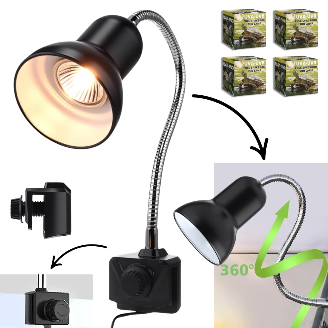 Tonia Kit de 4 Bombillas UVA/UVB + Portalámparas para Reptiles – 2x25W + 2x50W – Luz Solar de Espectro Completo para Terrarios y Acuarios Tortugas, Camaleones – 360º