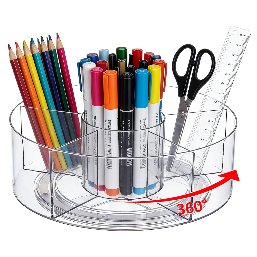 UNICRAFTALE Plastic Pen Marker Organizer for Desk Clear 360-Degree Rotating Pencil Holder 6 Slots Crayon Art Supplies Storage Organizer Large Capcaity Spinning Caddy for Home office School 25.5x9.5cm