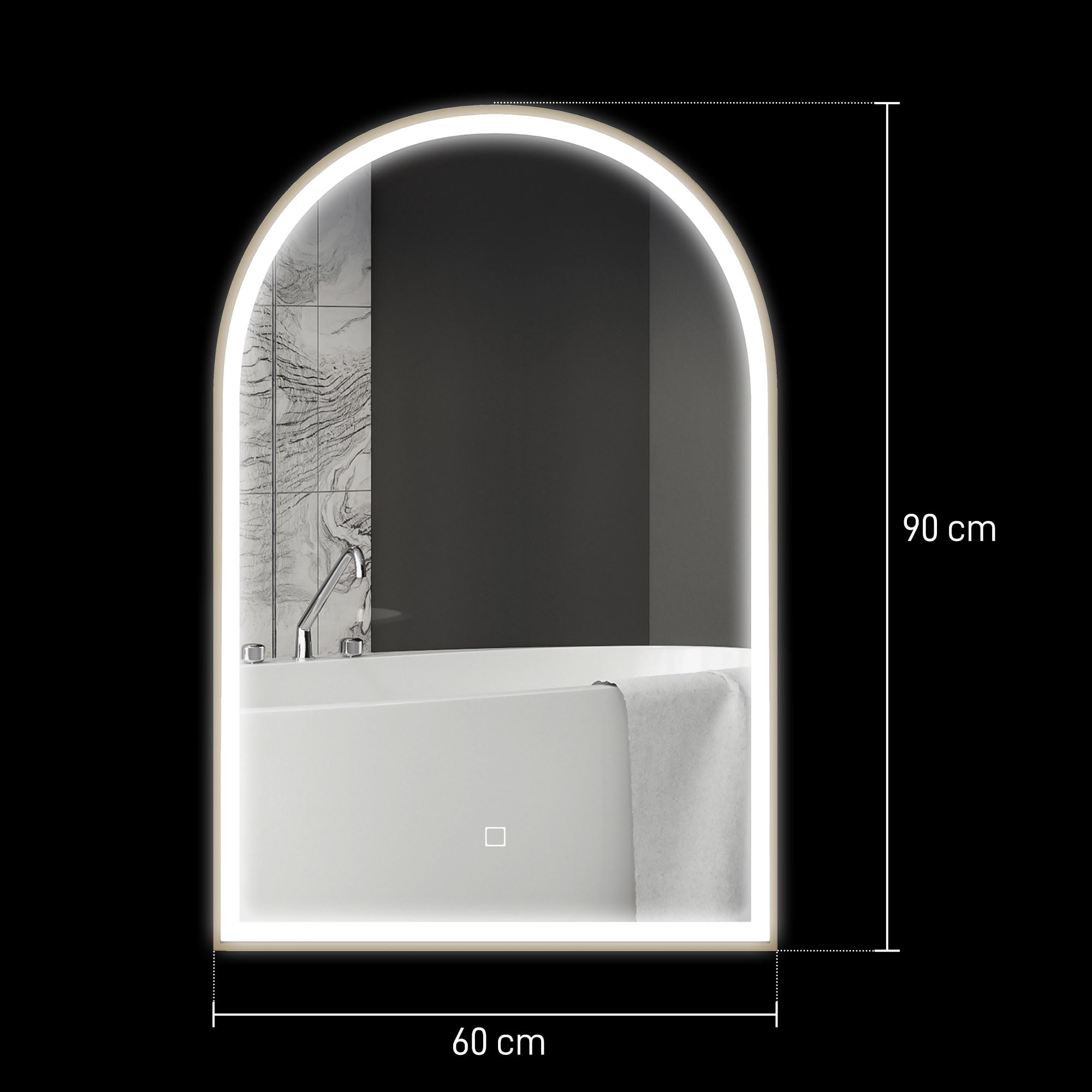 HOMCOM Miroir Salle de Bain avec éclairage LED 90 x 60 cm, Miroir Mural arqué, lumière réglable 3 Couleurs, Anti-buée, mémoire, Interrupteur Tactile, Miroir Salle de Bain, Cadre en Aluminium, doré