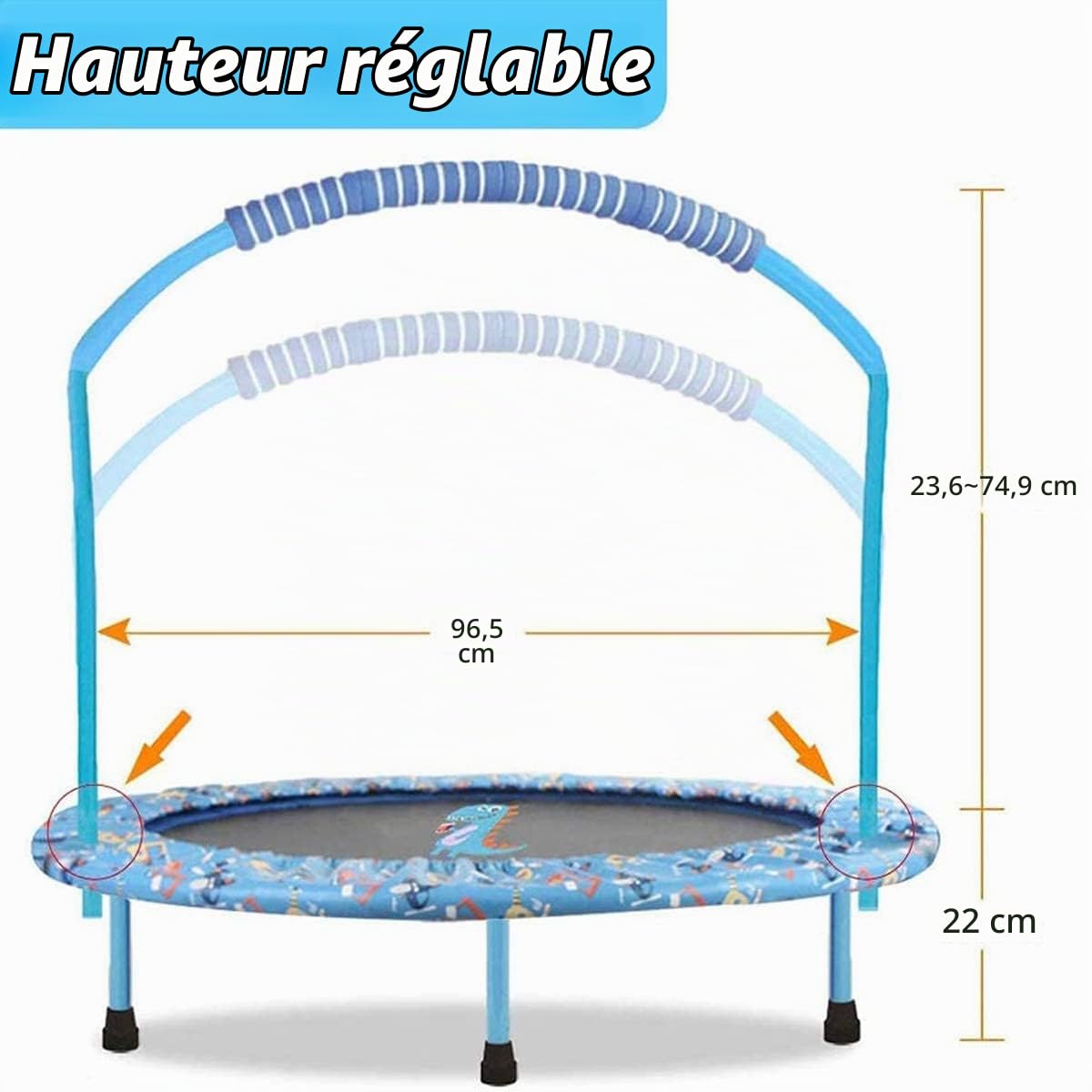 Trampoline pour Enfants Ø96cm, Mini Trampoline de Fitness Pliable avec Poignée Réglable & Rembourrage de Sécurité, Petit Trampoline Enfant Interieur et Extérieur, Charge Maximale de 60kg