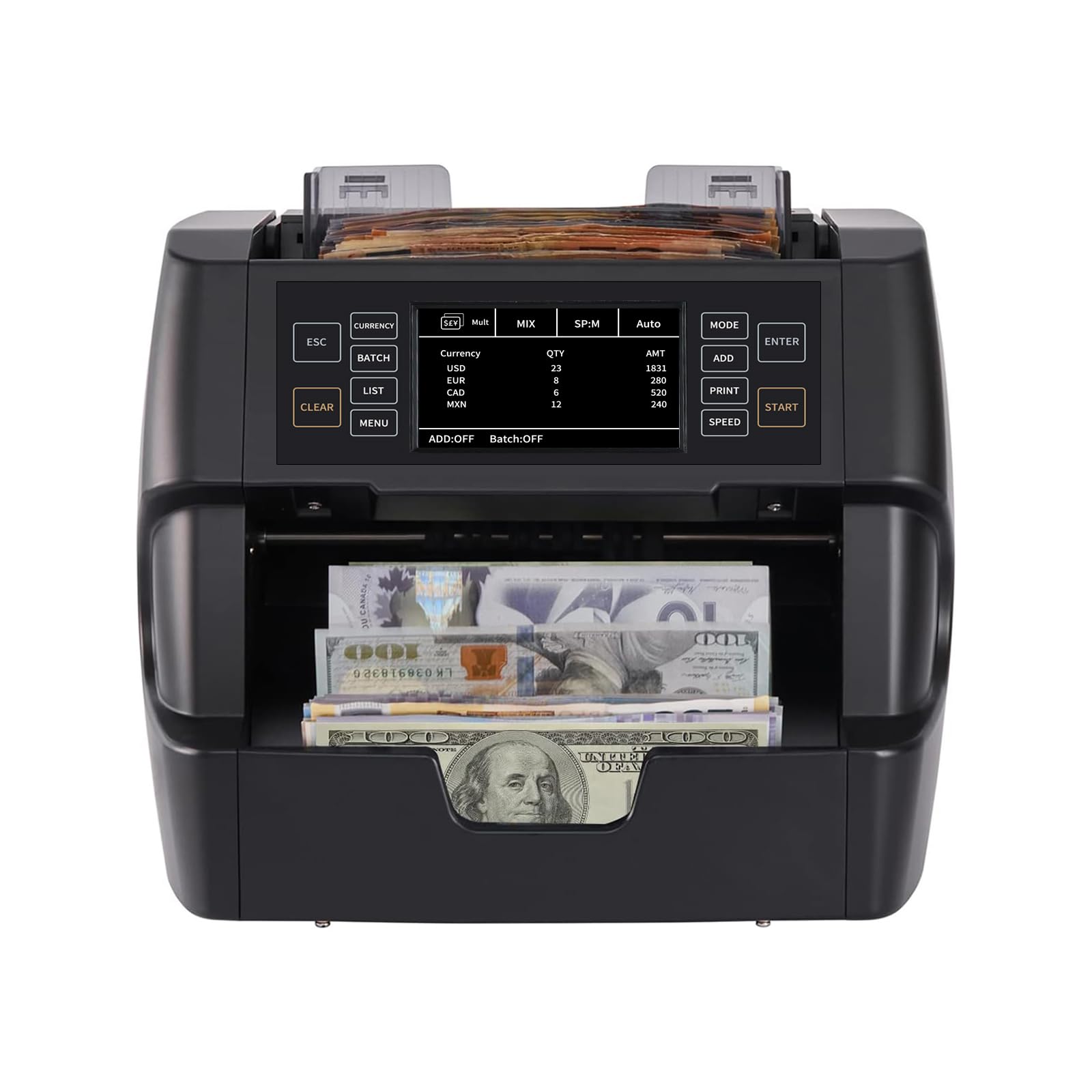 NUCOUN VC-3 Money Counter Machine Mixed Denomination, Value Counting, CIS/UV/IR/MG/MT Counterfeit Detection, USD/Euro/CAD/MXN, Printer Enabled Bill