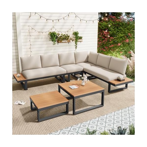 Merax Gartenmöbel Set mit Ecksofa und Tischen Beige