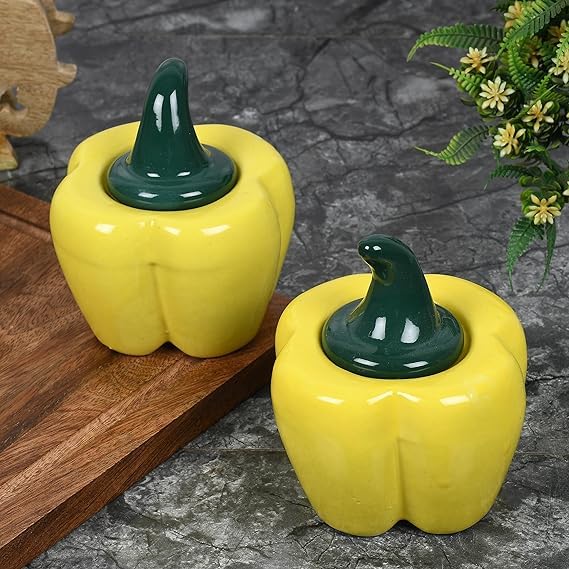 Image of QIMACPLUS Ceramic Capsicum Decorative Pickle Jar Food Storage Jar Multipurpose aachar masala Jar For kitchen and Dining table 500 ML (Yellow) (1)