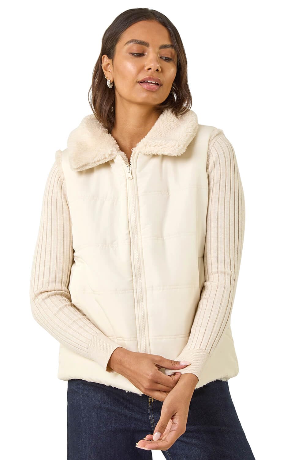 Roman Women's Cream Reversible Fur Zip Gilet Size 16