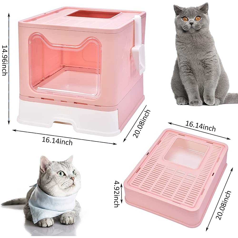Bandeja de arena para gatos grande con tapa, gran bandeja de arena plegable con cajón y pala, gran capacidad (B,51 x 41 x 38 cm, rosa)