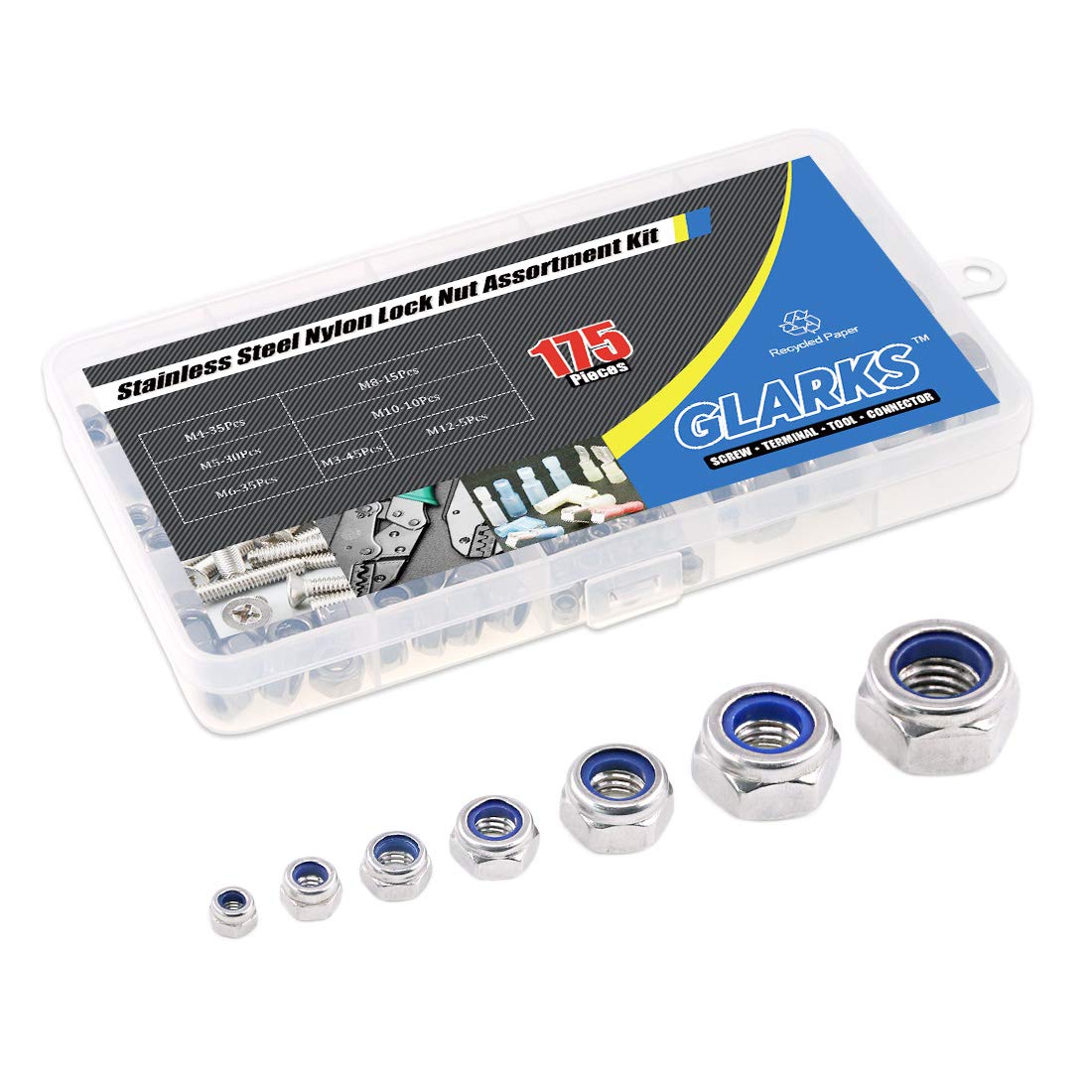 Glarks 175PCS metrica in acciaio INOX 304 dado di bloccaggio in nylon kit assortimento – m3 M4 M5 M6 M8 M10 M12