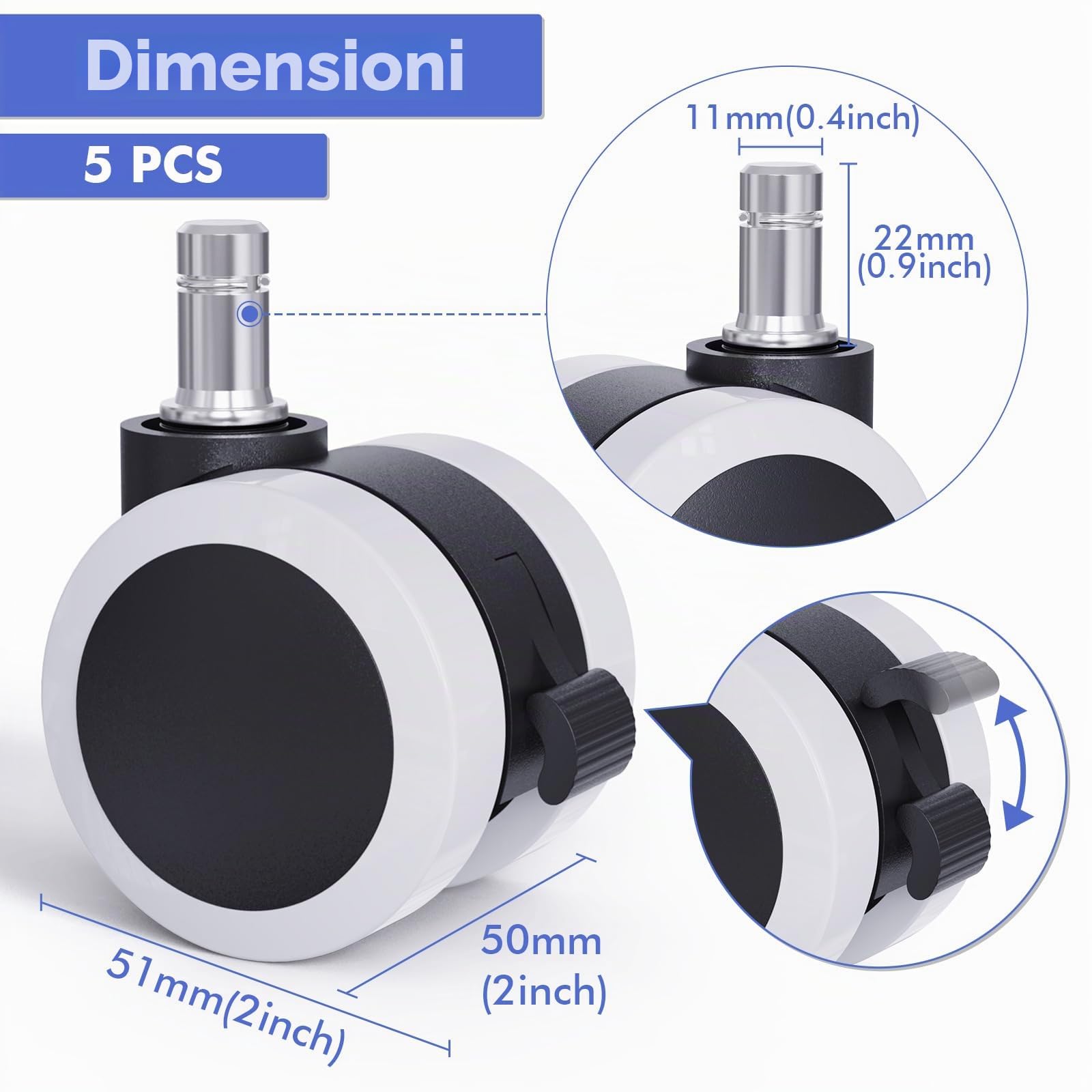 LIHAO 5 Pezzi Ruote Sedia Ufficio, 11X 50MM Ruote per Mobili con Freno di Sicurezza per Piastrelle Pavimento Duro Moquette, Bianco + Nero