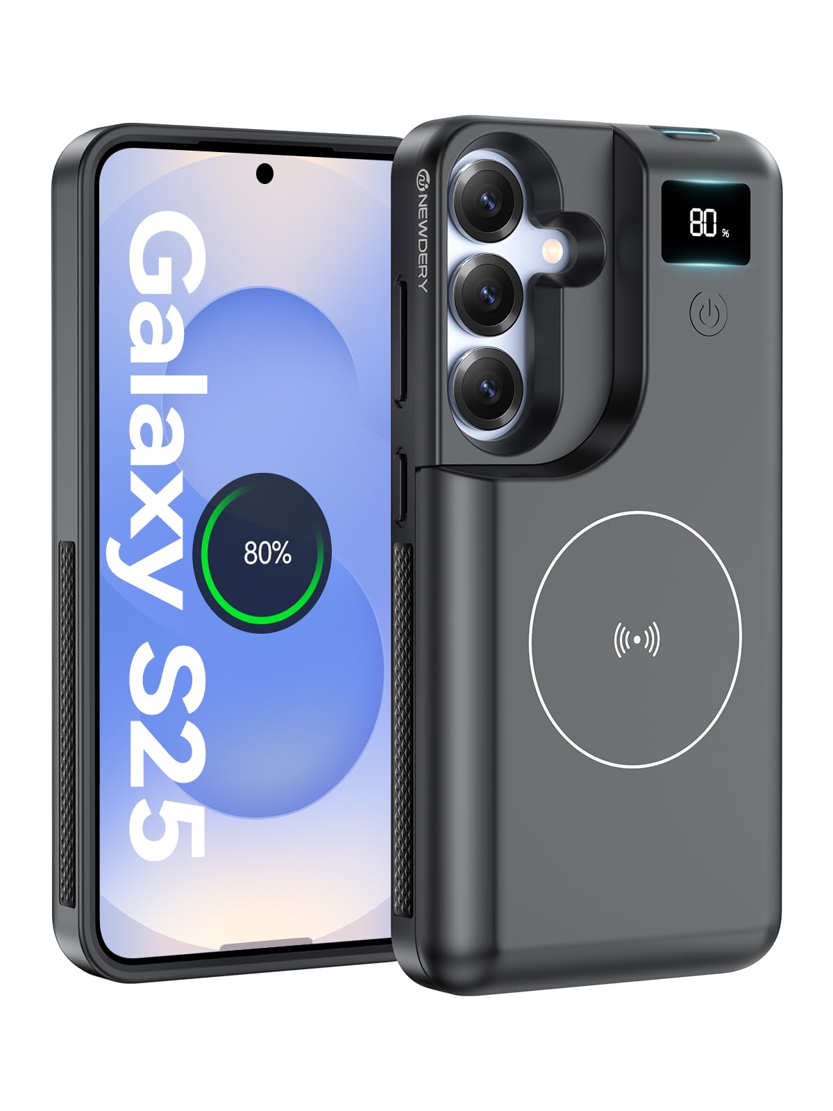 NEWDERY for Samsung Galaxy S25 Battery Case 6.2", 8000mAh Portable Power Bank with LED Display, Qi Wireless Charger & 20W USB C Fast Charging, Sync-Data Supported Black