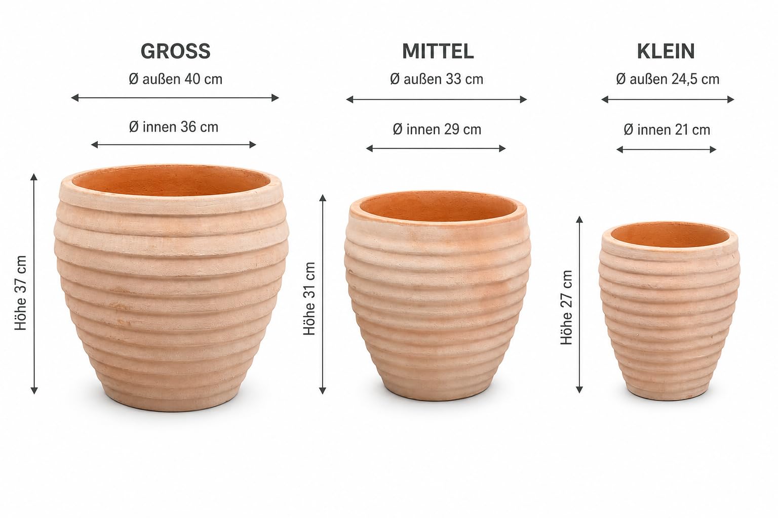 Terracotta Pflanzkübel Stripes Mediterran Blumentopf Garten Terasse Indoor & Outdoor Frostfest (3er Sparset)