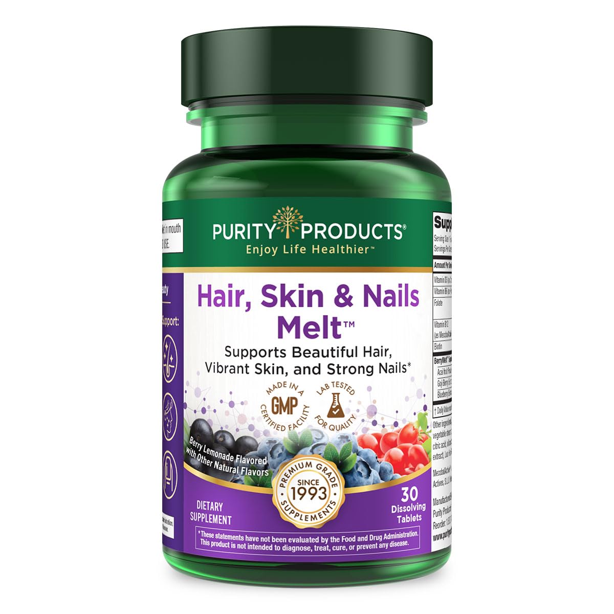 Purity Products Hair, Skin + Nails Melt 1000mcg B-12 + 2500mcg Biotin Energy Berry Melt - Delicious Berry Lemonade Flavor w/Super Fruits - B12 Methylcobalamin - 30 Melting Tablets
