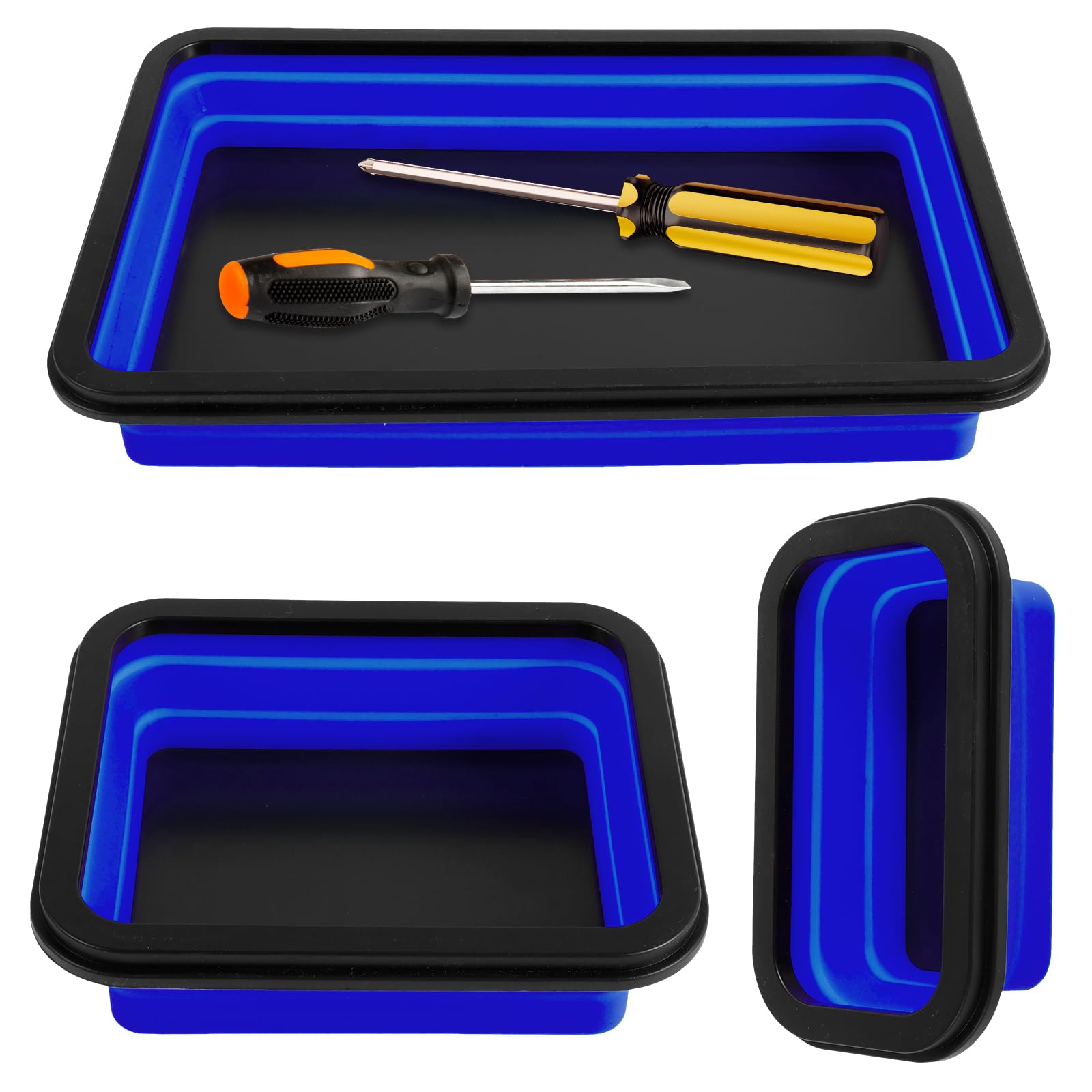 Yunyouc Blue 3Pack Collapsible Magnetic Parts Tray Set, Silicone Foldable Magnetic Tool Tray, 3 Size Square Screw Organizer For Screw Bolt Nut Washer (Blue)