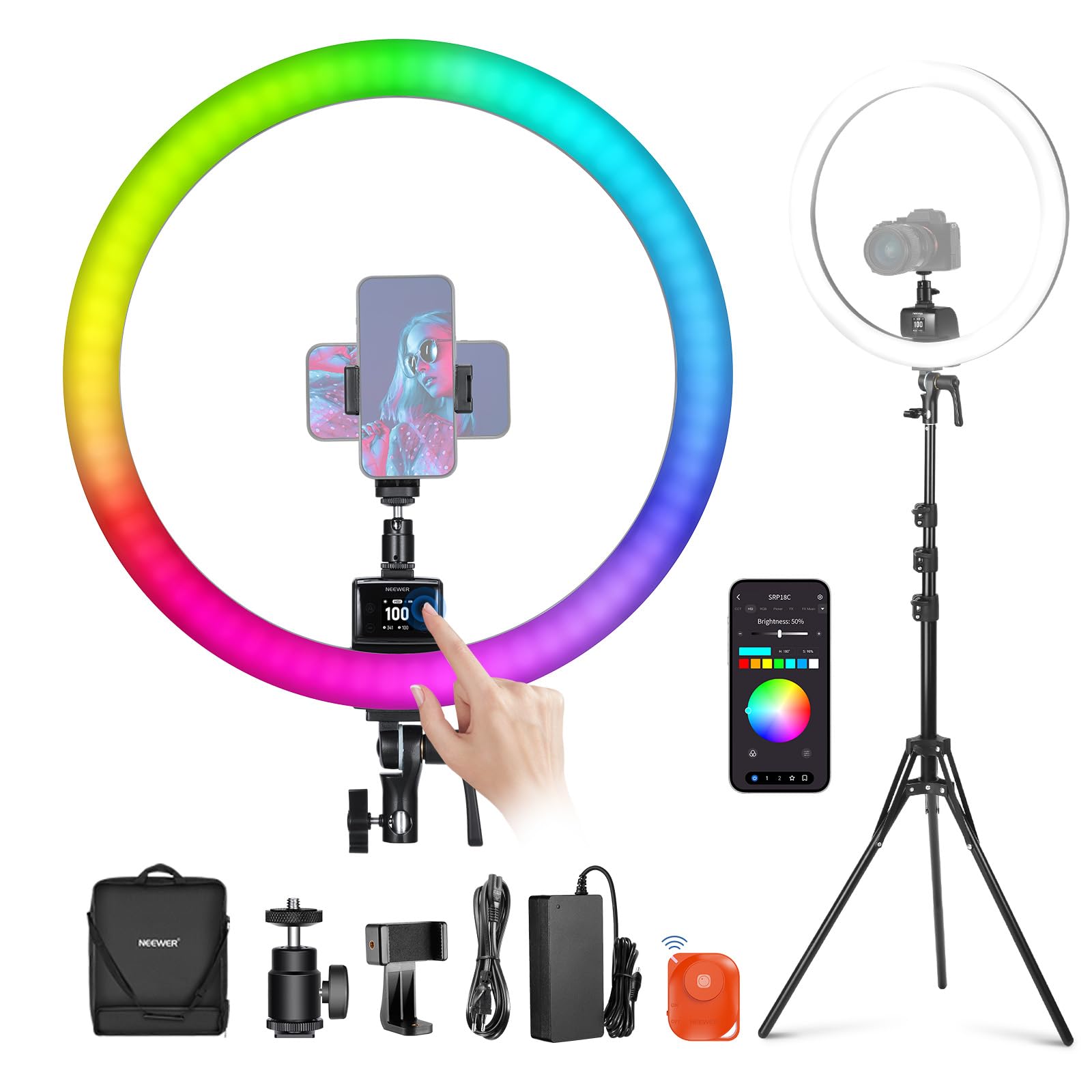 NEEWER SRP18C - Juego de Luces LED RGB ultradelgadas con Control de aplicación con Soporte de luz Reversible, Soporte para teléfono, rótula, 2500 K – 10000 K, CRI 95+/TLCI 97, 3700Lux/0,5 m, 18