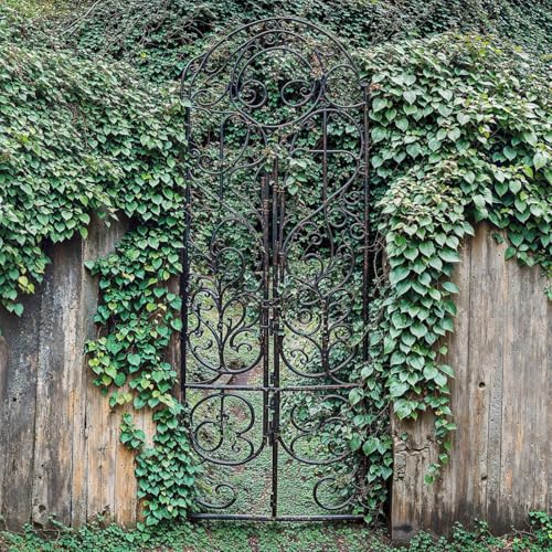 Black Iron Gate Secret Garden Mural, Tapestry & Curtain – Waterproof Outdoor Wall Hanging, Ivy Covered Wall Art & Rustic Garden Fence Decor W180cm x H180cm W70.87 inches x H70.87 inches