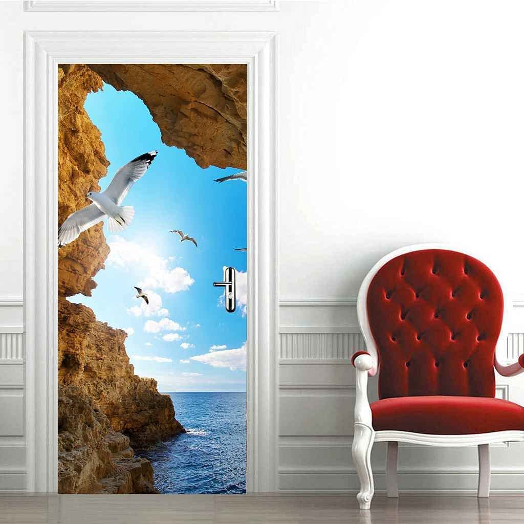 Sticker Porte 3D 73x205 Cm - Autocollant Amovible Motif Rivière Montagne, Imperméable, Pour Salon, Chambre, Cuisine