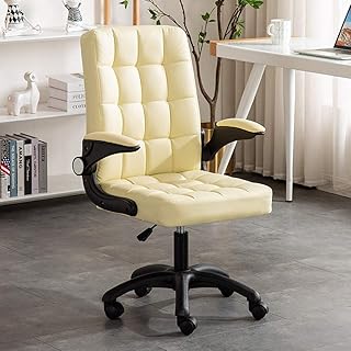 LKJH Silla de Oficina con Ruedas y apoyabrazos abatible, Silla ejecutiva ergonómica de Altura Ajustable con Soporte Lumbar, Cuero de PU, eslabón Giratorio con Ruedas, Color Blanco Crema