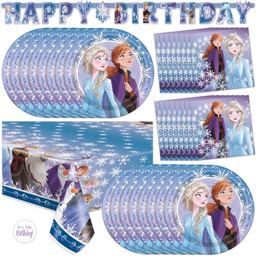Frozen Birthday Party Decorations | Serves 16 | Banner Tablecloth Plates Napkins Sticker | Elsa Party Decorations | Officially Licensed