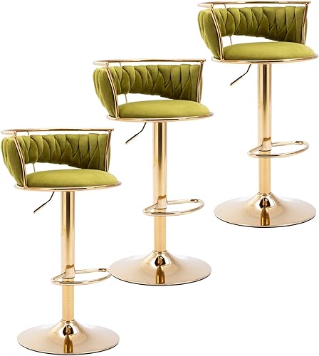HEAH-YO Juego de 3 taburetes de bar tejidos, taburetes de bar ajustables con respaldo y base dorada maciza, taburetes de cocina giratorios de