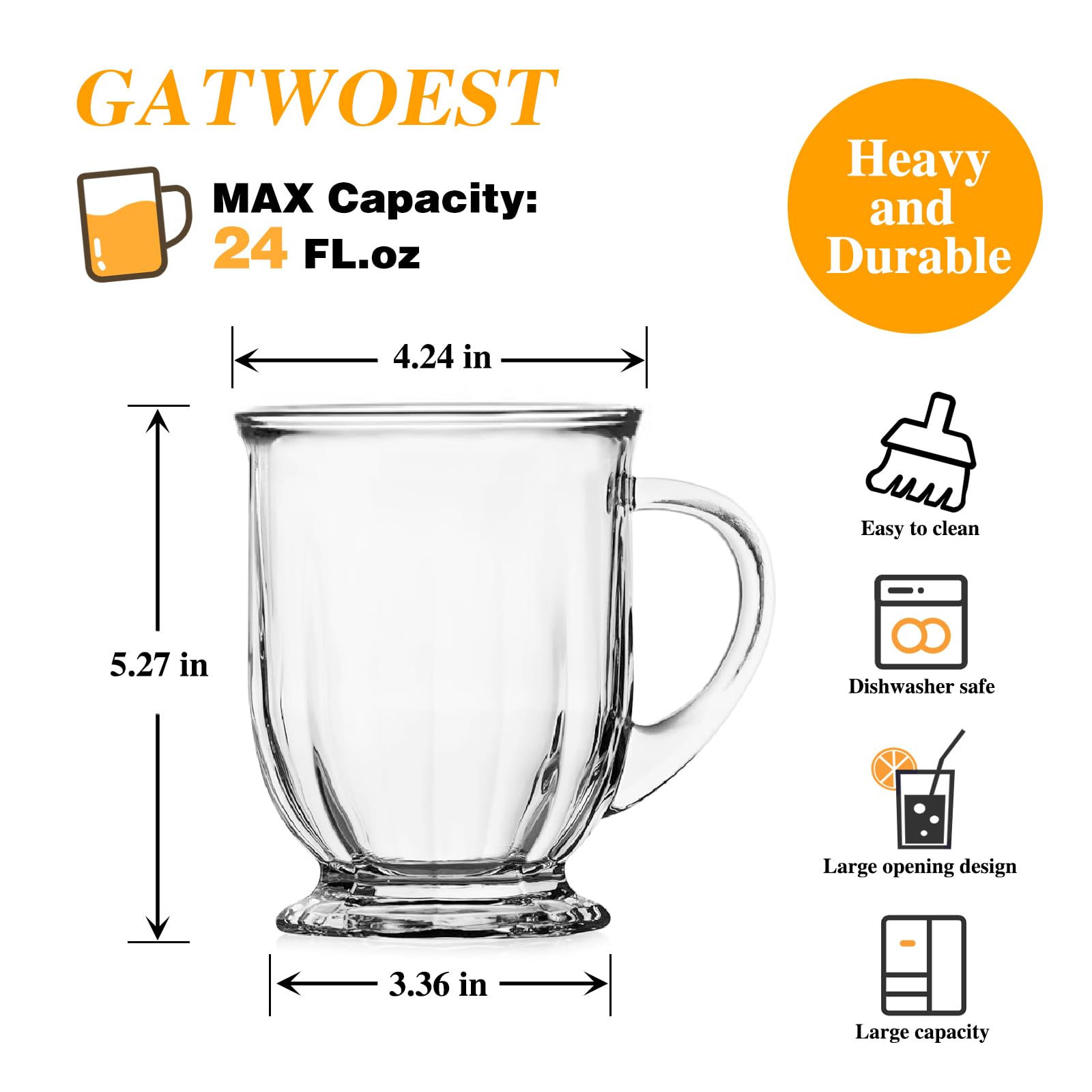 GATWOEST Large Glass Coffee Mugs(24oz,Set of 2)- Clear Coffee Tea Cups with Anti Scald Handles Prefect for Latte,Cappuccino,Iced Americano,Hot or Cold Beverages-Cute Irish Coffee Mug Gift Set