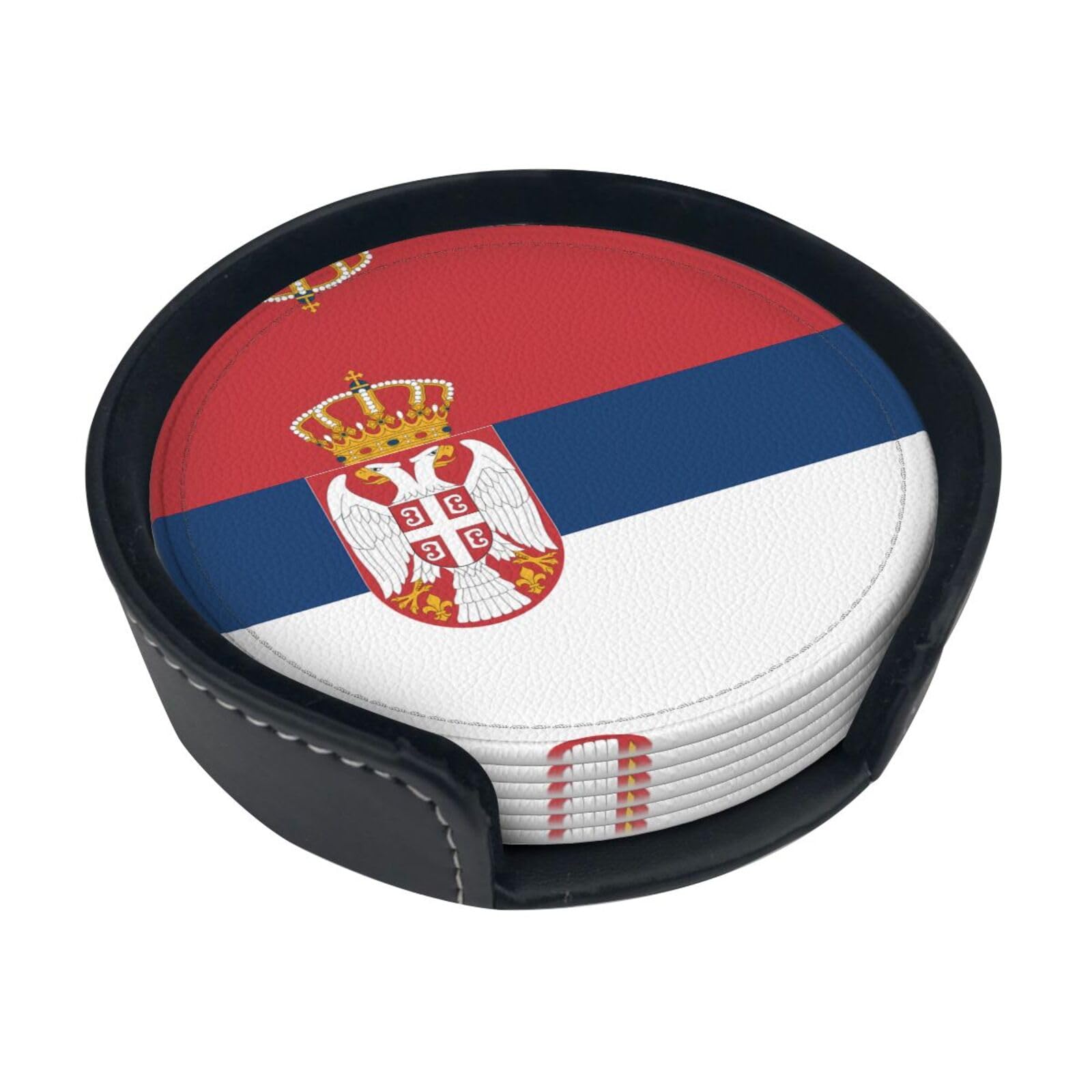 Flag of Serbia Printed Coaster Set, with Holders, 6 Pieces. Suitable for Dining Tables, Kitchen Decor, and Coffee Tables.