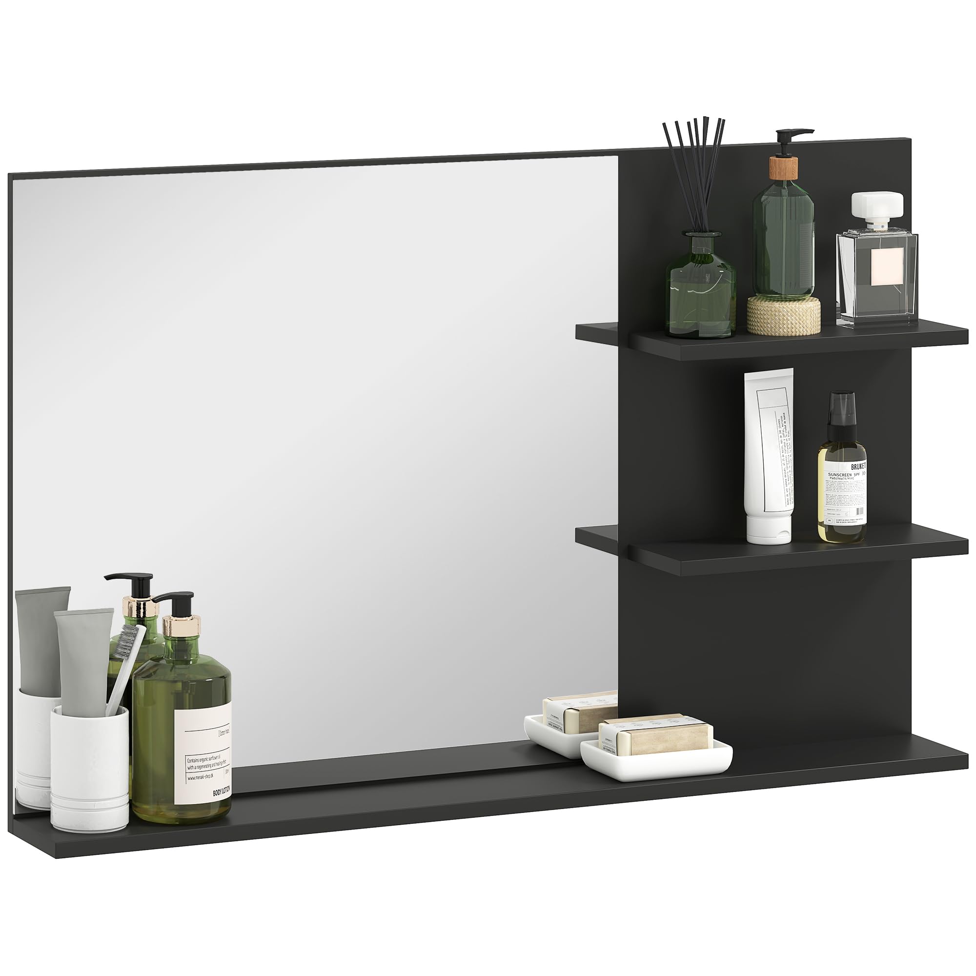 kleankin Miroir de Salle de Bain Moderne avec 2 étagères latérales et Une étagère inférieure, Miroir Mural en MDF et Verre, 75x10x48 cm, Noir