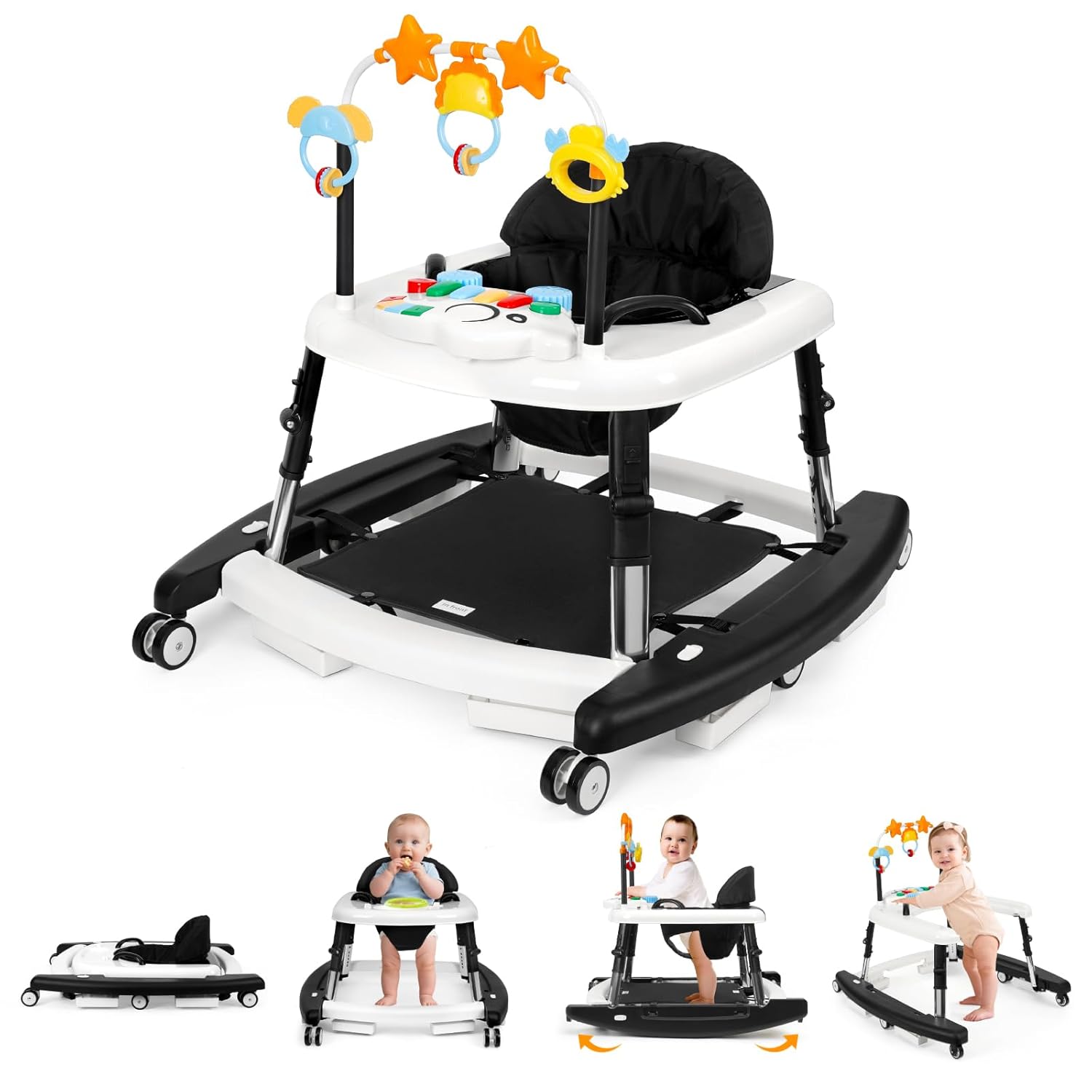 5-in-1 Music and Lights Baby Walker Foldable with 5 Adjustable Heights, Baby Walker with Wheels and Bouncer Combo Portable, Infant Toddler Walker for Baby Boy Girls 6-18 Months Black and white
