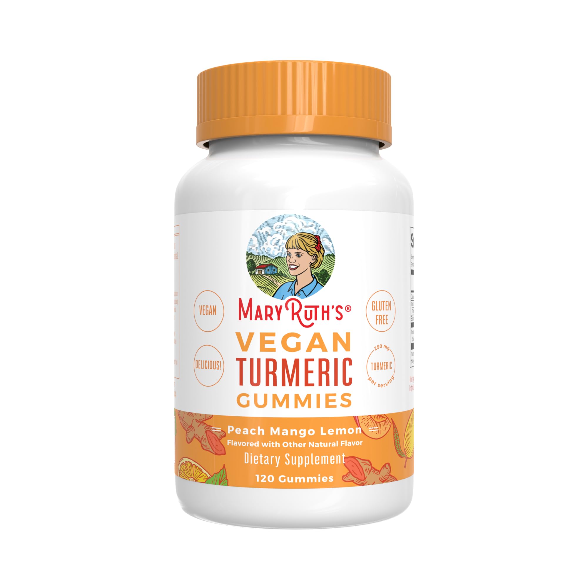 Vegan Turmeric Gummies by - Turmeric Curcumin Extract - Anti-inflammatory - Antioxidant - Brain Function - Chewable - Non-GMO - Peach, Mango & Lemon - 250 mg per serving - 120 count