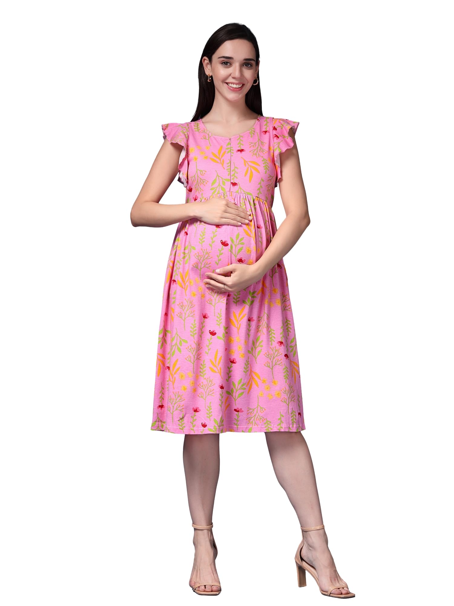 Noor Maternity & Nursing Dress with Invisible Zip | Flutter Sleeve Cotton Dress with Ruffles & Pockets | Adjustable Fit for Pregnancy & Postpartum-image-41