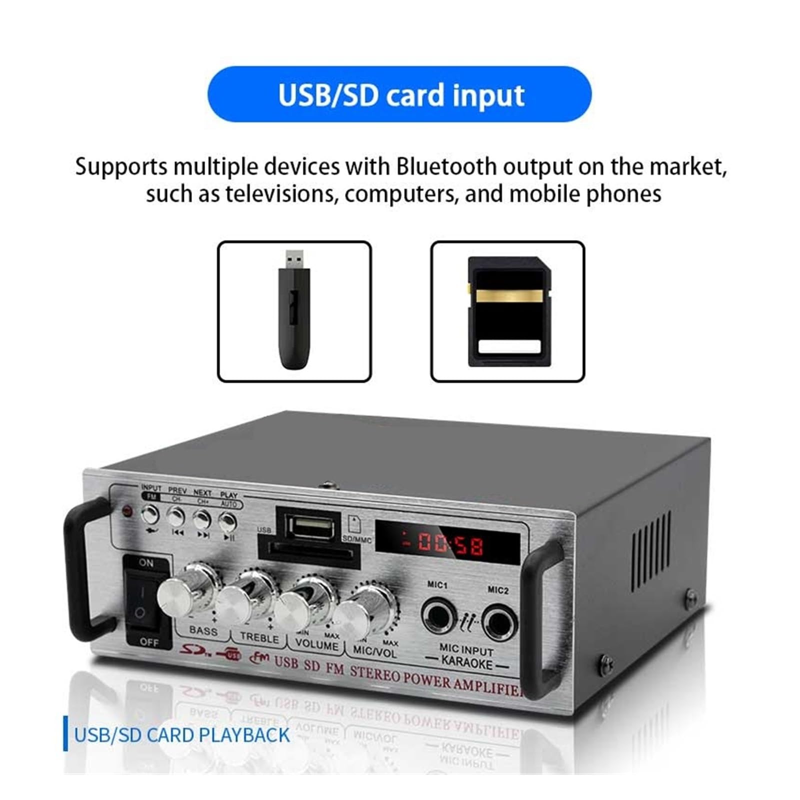 Wzmacniacz audio, Wzmacniacze samochodowe 400 W, 2-kanałowy dźwięk przestrzenny Bluetooth 5.0, pilot zdalnego sterowania FM USB do domu, karaoke