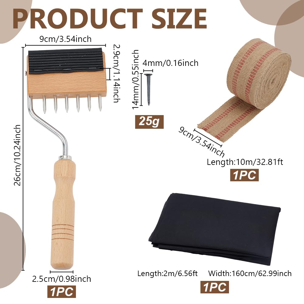 WEBEEDY Ensemble D'Outils pour Tapisserie avec 10.9 Yards X 9cm de Ruban en Toile de Jute Étireur de Toile en Bois Punaises en Fer et Tissu Noir Matériel de Réparation de Meubles pour L'Artisanat DIY