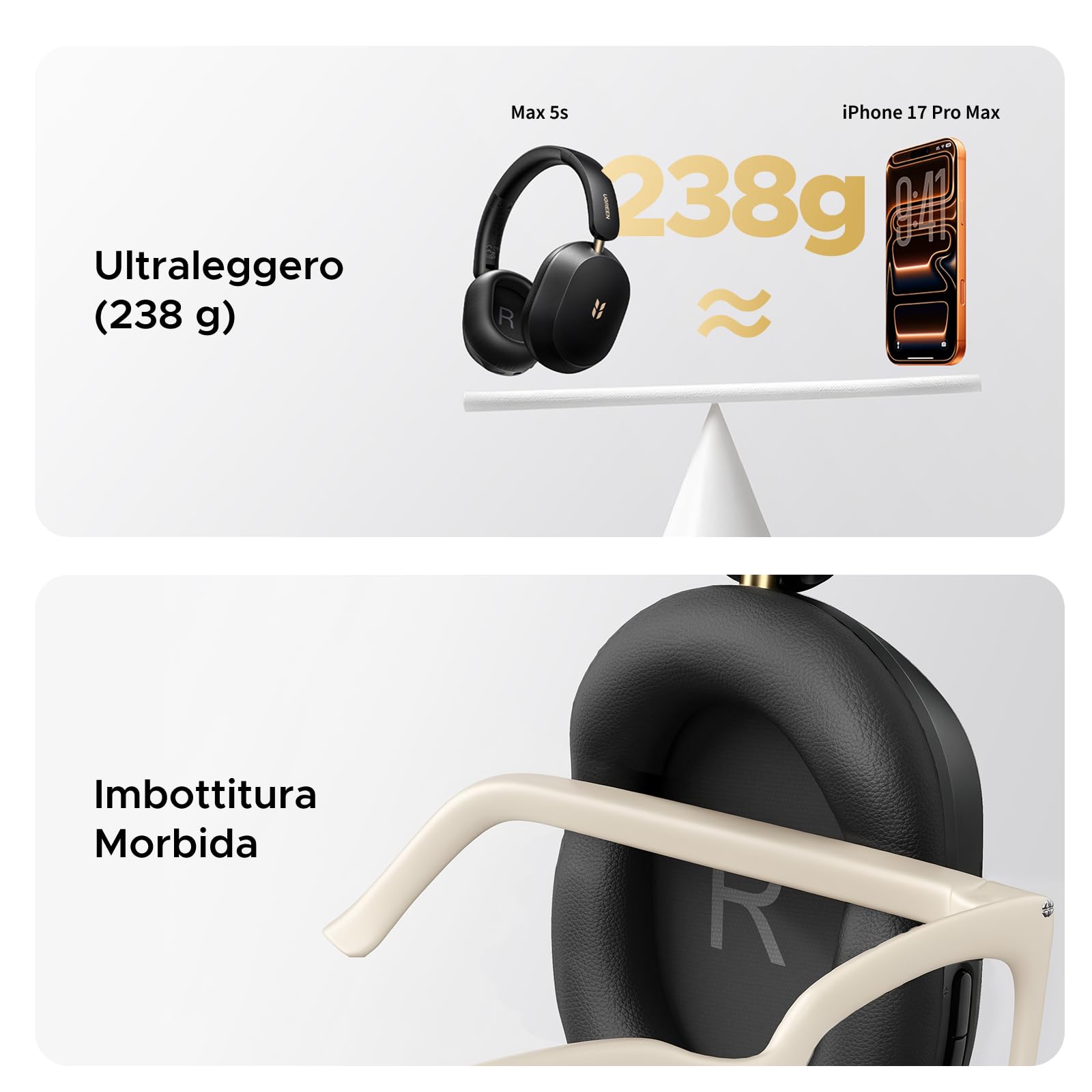 UGREEN HiTune Max5s Cuffie Bluetooth Cancellazione Rumore Attiva 45dB Hires | Cuffie Wireless Over Ear 45dB ANC 5 Microfoni 112 Ore BT 6.0 Audio Spaziale Personalizza con App Connessione Multipoint Nero