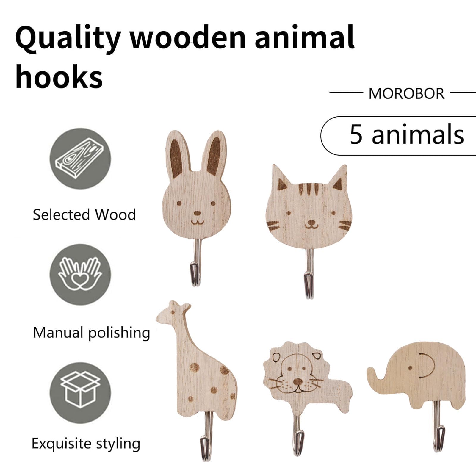 Garçonnière en Bois pour Enfants, Lot de 8 Crochets Adhésifs Animaux - Éléphant, Baleine, Chat, Lion, Lapin, Girafe pour Enfants - Crochets de Rangement à Fixation Murale pour Chambre d'enfant
