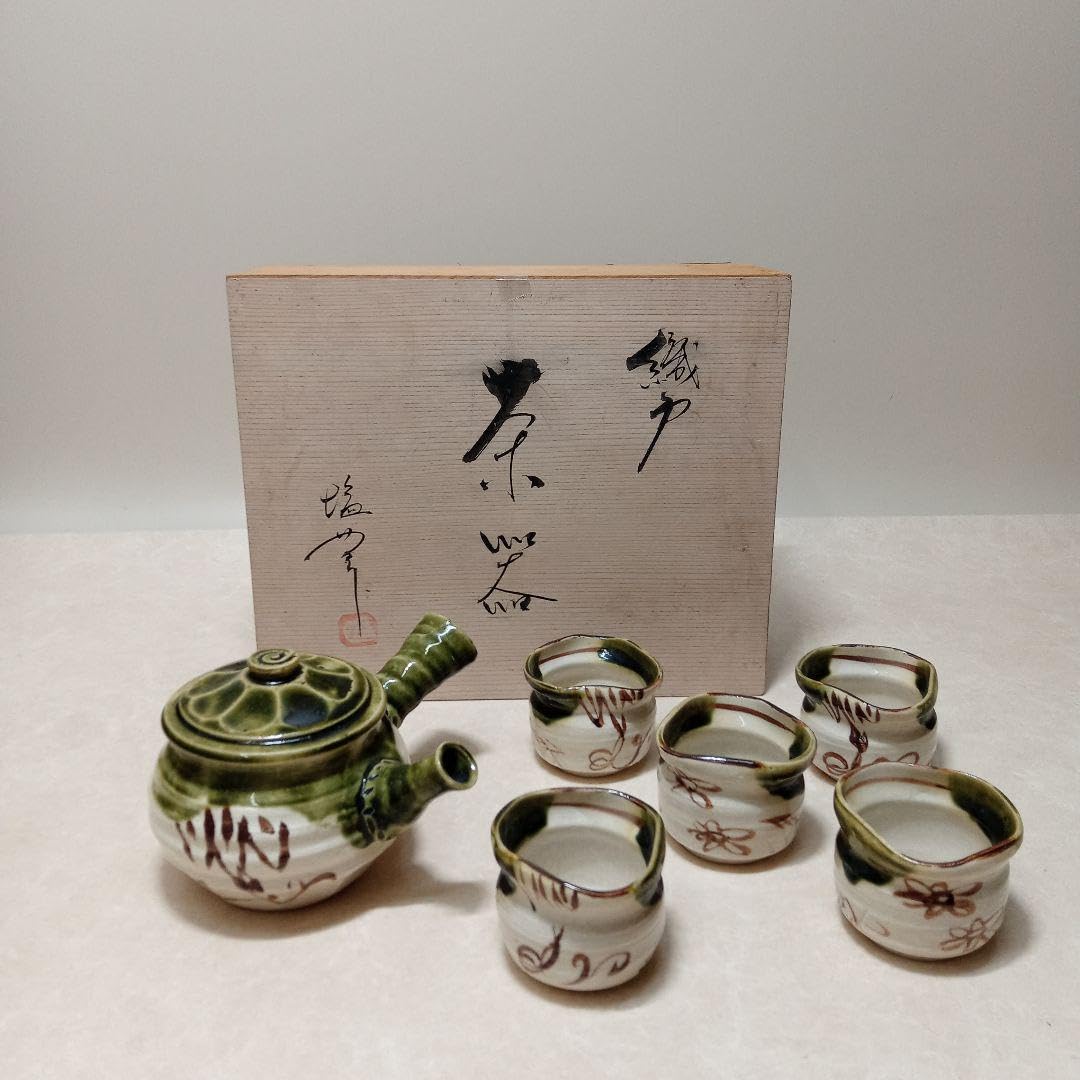 極上の小品　民藝　糠釉緑打掛　横手急須　作家物　銘有　文人仕様　茶器　急須 Amazon.co.jp: 在銘 織部横手茶器セット 急須 湯呑み5個 : ホーム