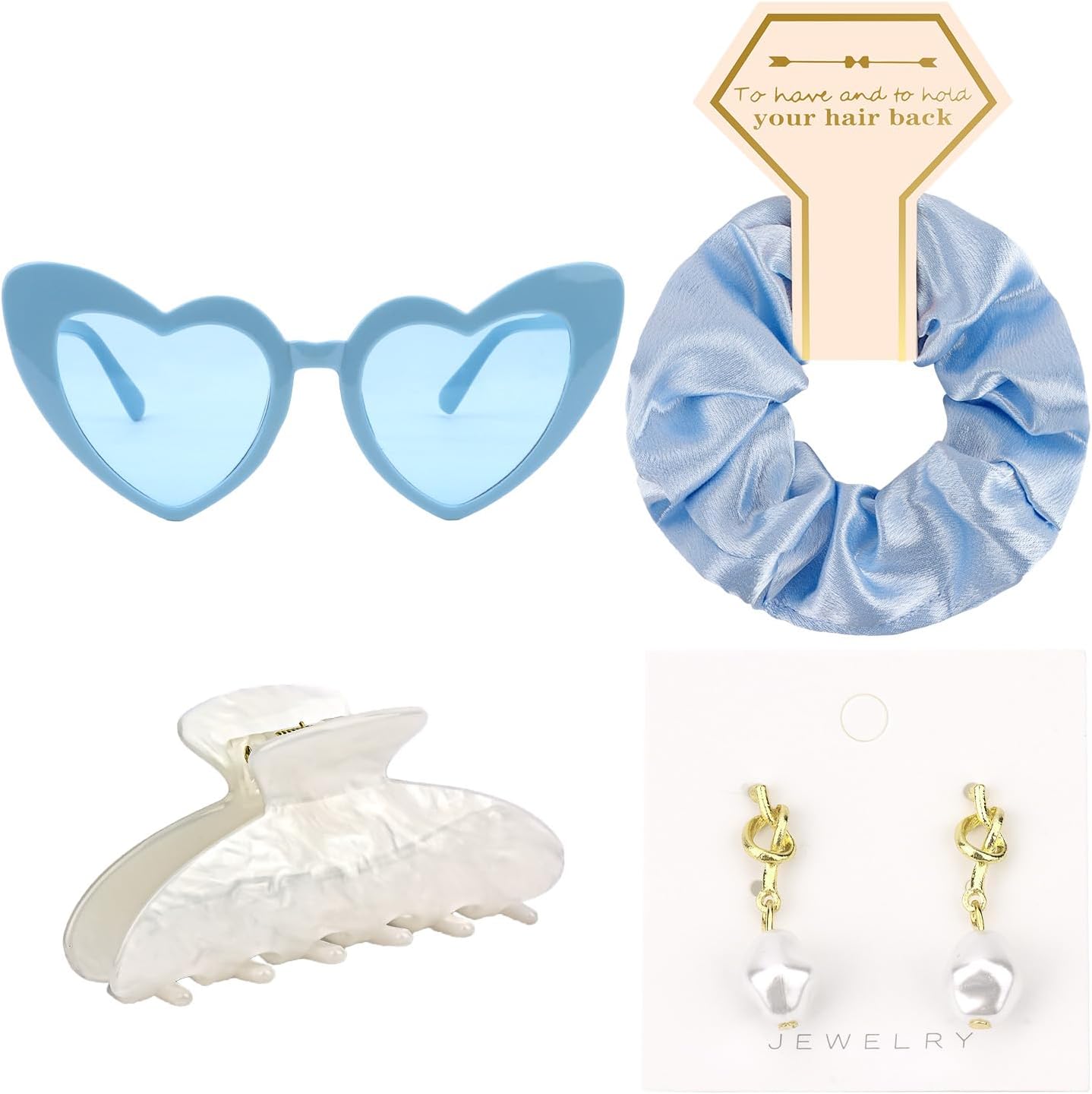 WHAVEL 4PCS Bridesmaid Proposal Gifts Satin Hair Scrunchies Heart Sunglasses Bridesmaid Earrings Acrylic Claw Clips Bachelorette Party Favors Bridal Party Gifts Wedding Day Essentials,Blue