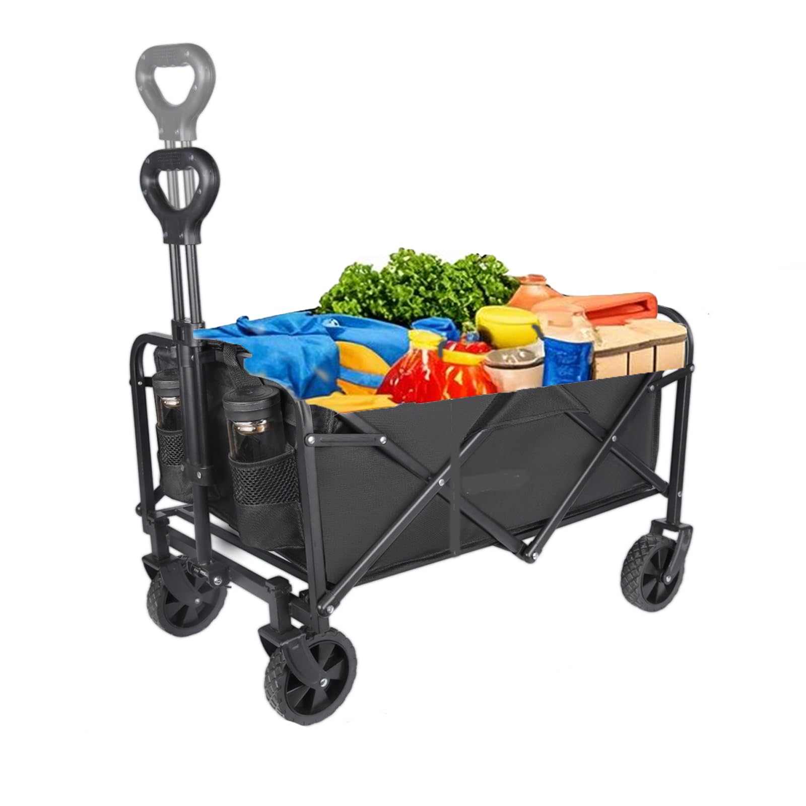 Carretto pieghevole piccolo 70 l, 75 kg, robusto carrello pieghevole con manico regolabile in altezza e tasca laterale, carrello da giardino per tutti i terreni, per campeggio, shopping (nero)
