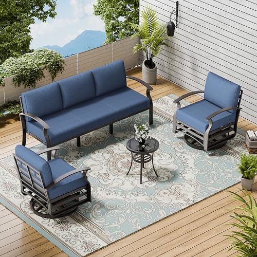 Image of Patio Furniture Set 3-Piece Aluminum Armrest Sofa,All-Weather Patio Conversation Set with Tempered Glass Top Table & Removable Sponge Cushions for Backyard Poolside - Blue