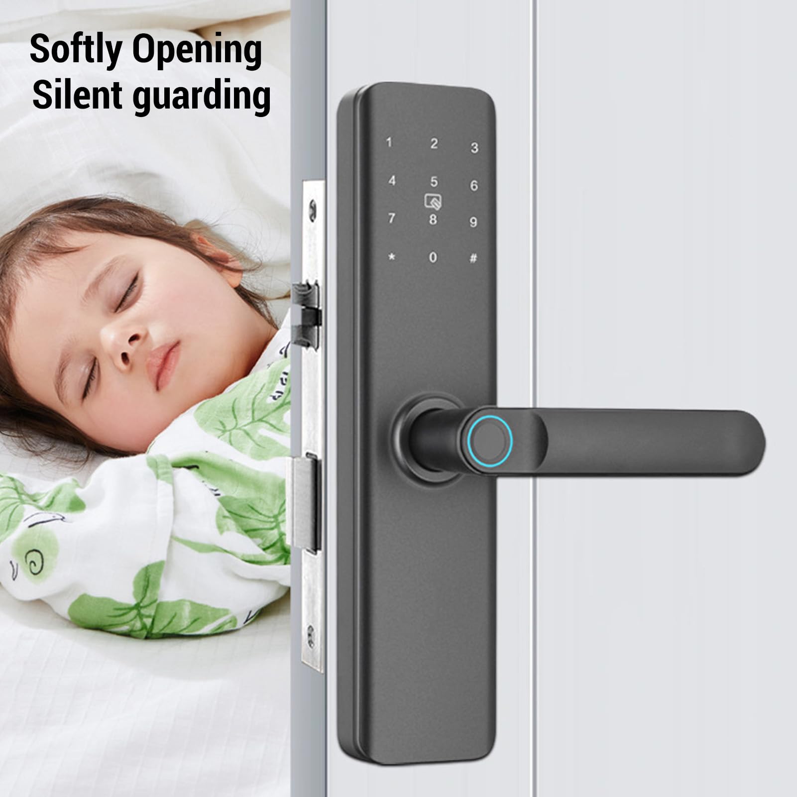 Cerradura de Puerta con Huella Dactilar, Cerradura con Teclado | Acero y ABS; Puertas Interiores de dormitorio; Claves en app; Modo silencio; Respaldo USB-C; Manija inteligente.