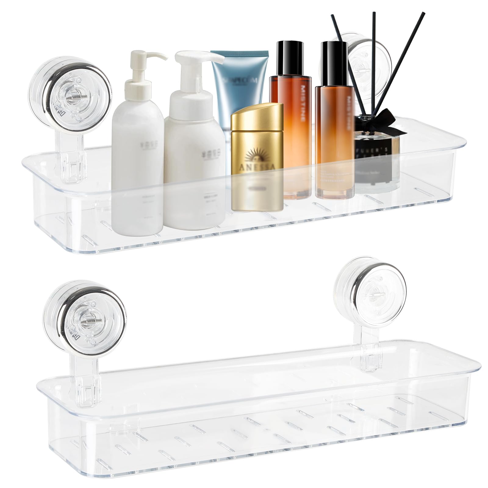 Gzsekken Shower Caddy Suction 2 Pack Clear Plastic Bathroom Storage for Wall Mounted, Shower Shelf with No-Drilling Mounting, Suction Bathroom Shelf & Bath Accessories for Home Organising