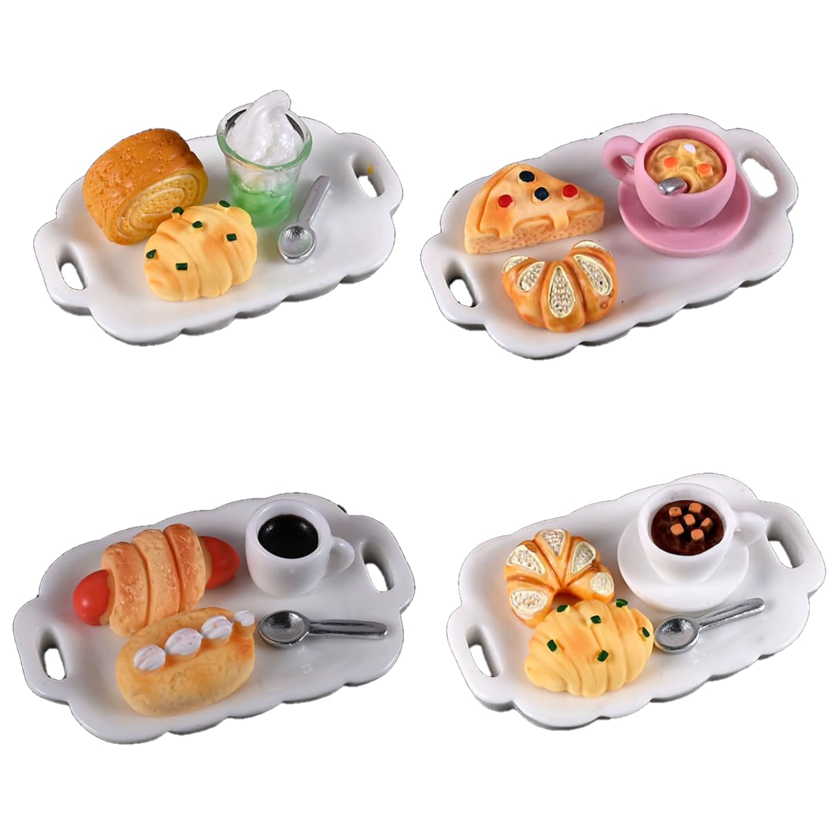 KARLOR Mini Bread Coffee Set Miniature Bun Croissant Cake Pizza Plate Spoon Serving Tray Micro Breakfast Mini Food Drinks Dessert Mini Scene Table Decoration Gift (19 Pieces)