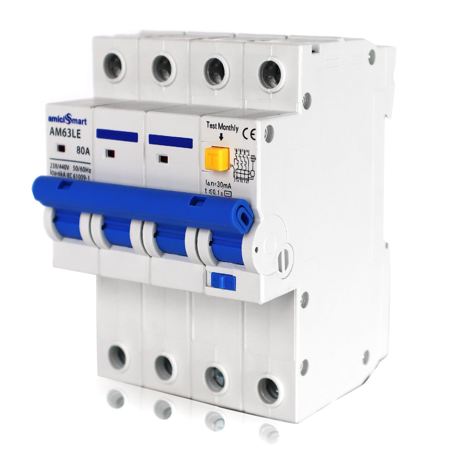 amiciSmart 3-Phase Switchable Leakage Protector with Overcurrent and Short-Circuit Protection, Shock-Proof Circuit Breaker, 80A, 220VAC