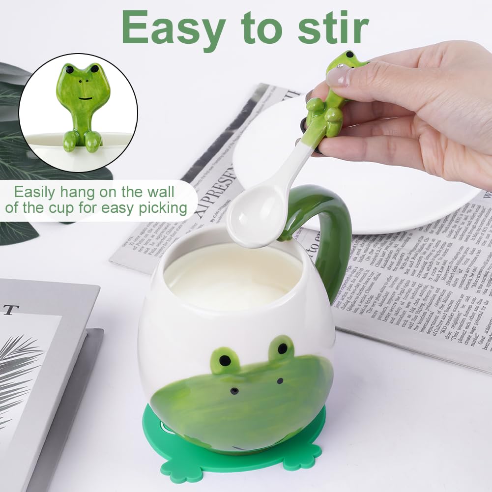 Filiżanka z żabą, 400 ml, ceramiczna filiżanka do herbaty, żaba, kubek z łyżeczką i podstawką, słodkie kubki, kubek z żabą, kubek na Boże Narodzenie, urodziny, prezent dla kobiet i mężczyzn
