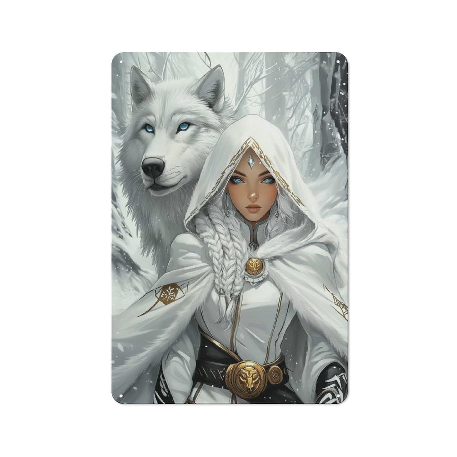 Vintage White Wolf And Woman Metal Wall Sign 30x20cm, Shed Wall Plaque for Garage, Workshop, Shed Or Utility Room