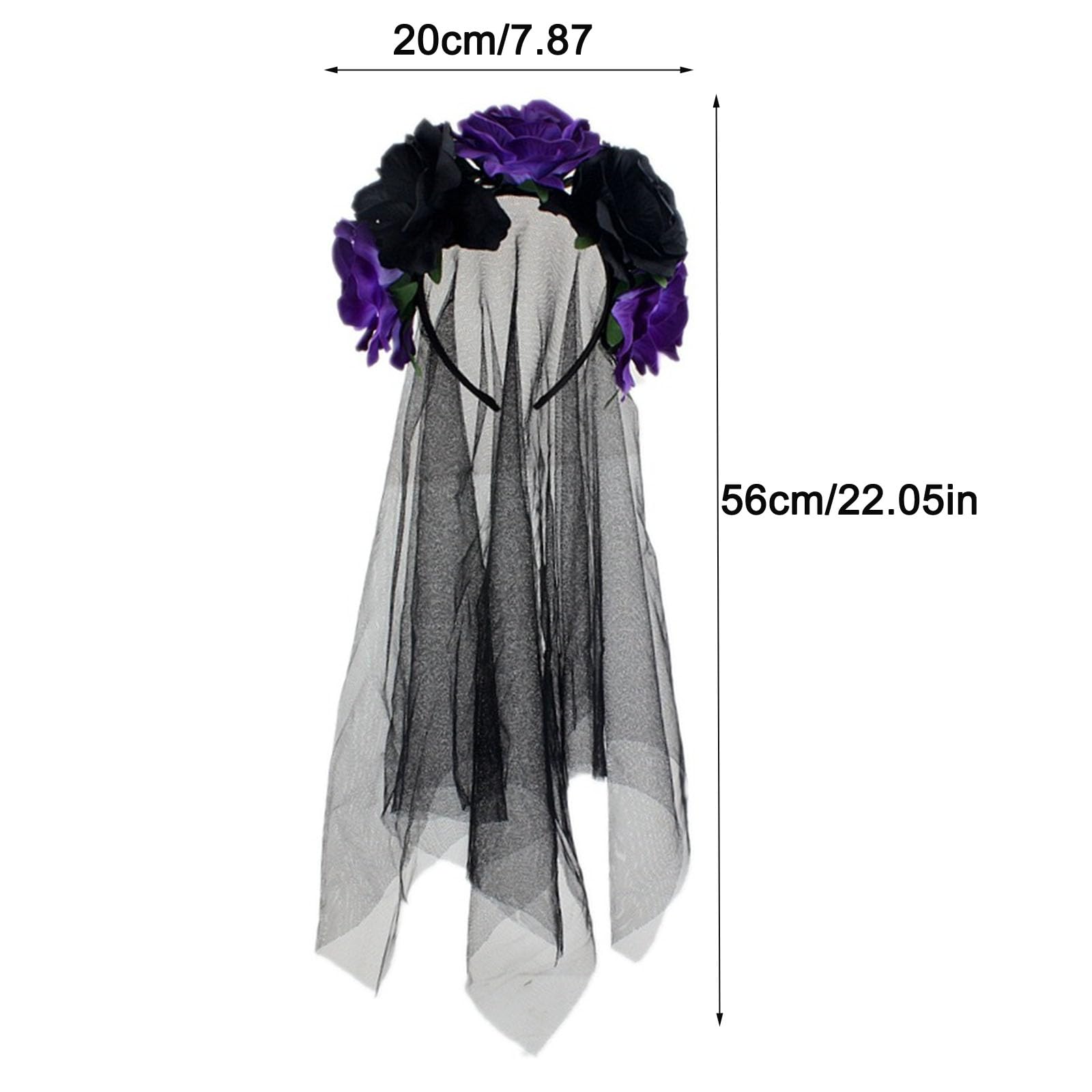 Golden Apple Women Flower Crown Headband Gothic Roses Bride Hairband with Veil Day of the Dead Halloween Cosplay (Black-Purple, L) - Image 3