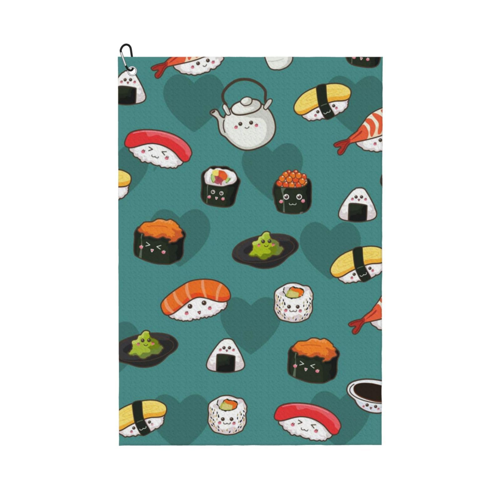 Hnnkloy Cute Sushi, 16x24 in Portable Waffle Golf Towels with Carabiner Clip for Golf Bag